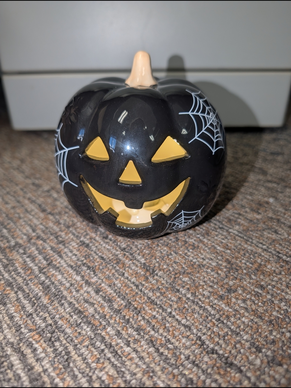 Black Ceramic Jack-O'-Lantern Pumpkin Figurine with Light